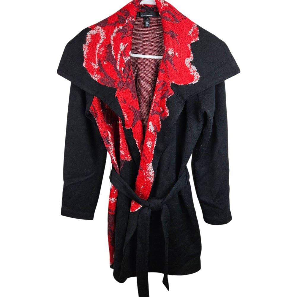 White House Black Market Cardigan Sweater‎ Knit Belted Floral Red Black Womens S